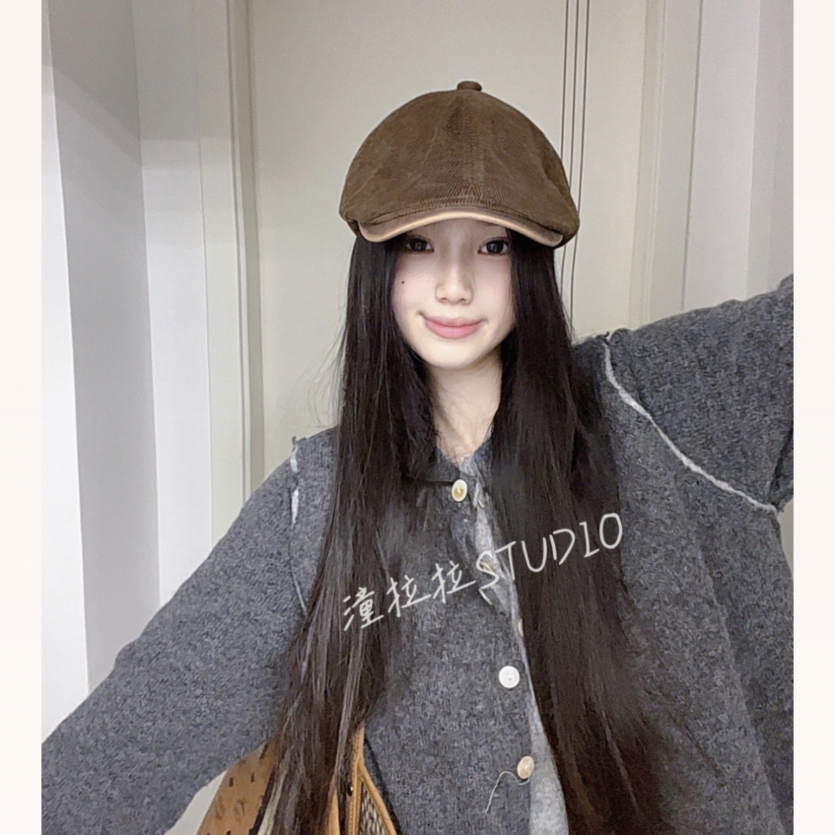 复古前进帽子纯色灯芯绒拼接百搭日系显脸小反戴小众报童鸭舌帽女