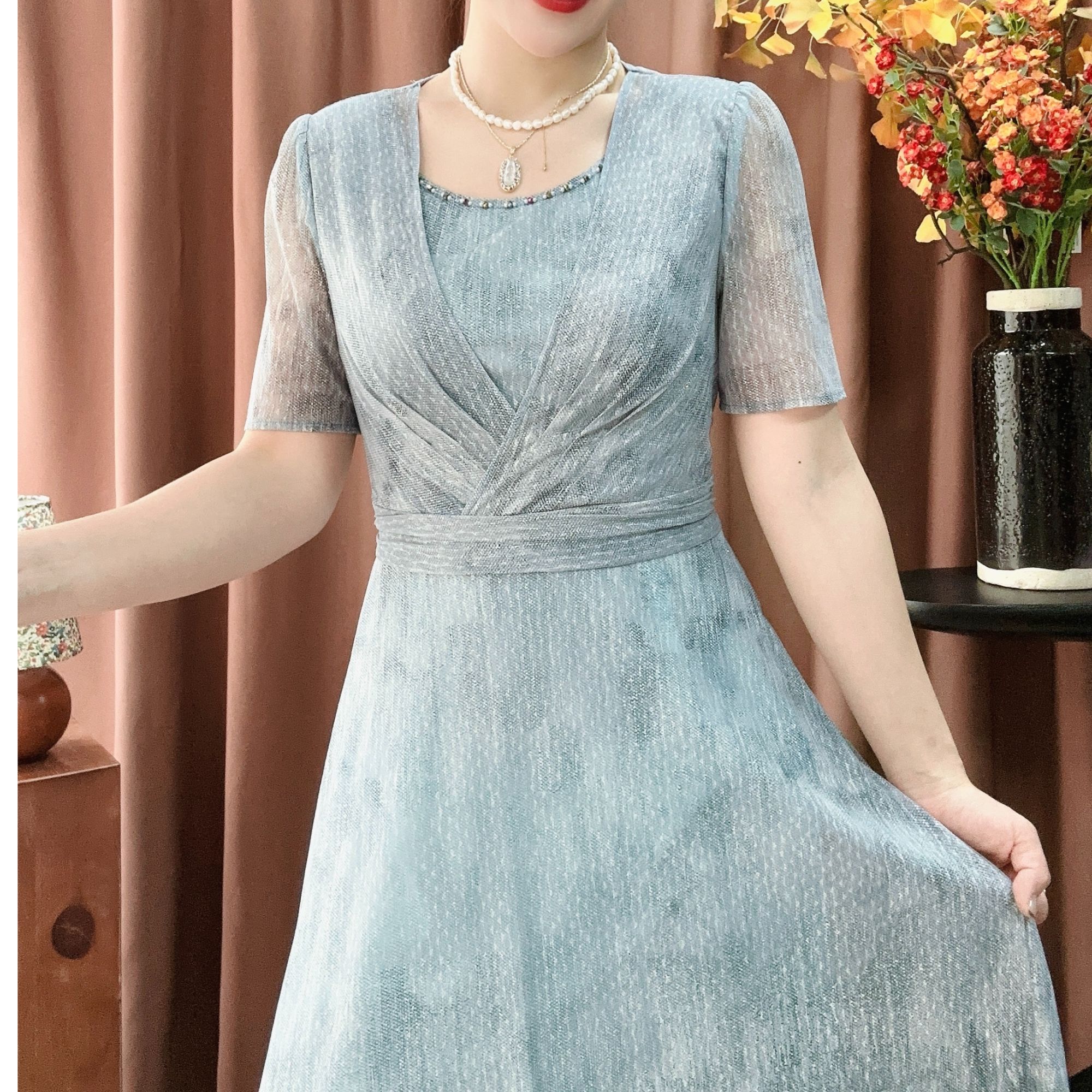 D 1357#女连衣裙妈妈装显瘦时尚夏季气质修身