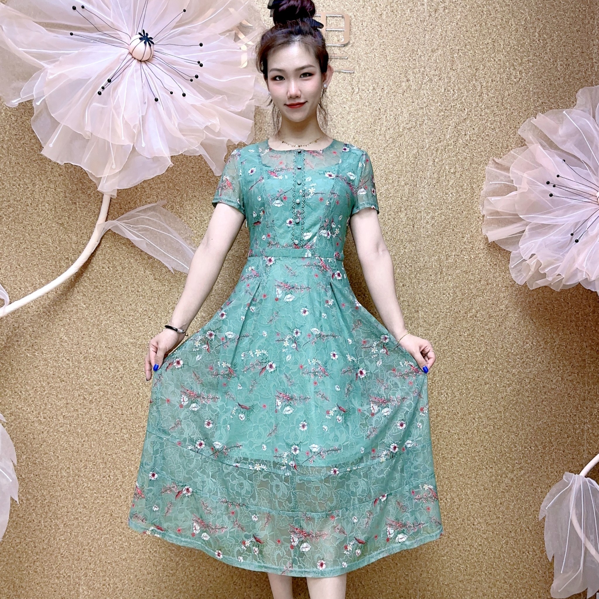 767#夏季印花圆领假两件收腰时尚短袖中长款显瘦气质妈妈装连衣裙