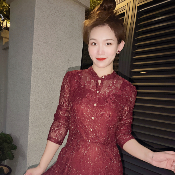 S 986#酒红色中长裙气质时尚镂空蕾丝收腰显瘦口袋款妈妈装连衣裙