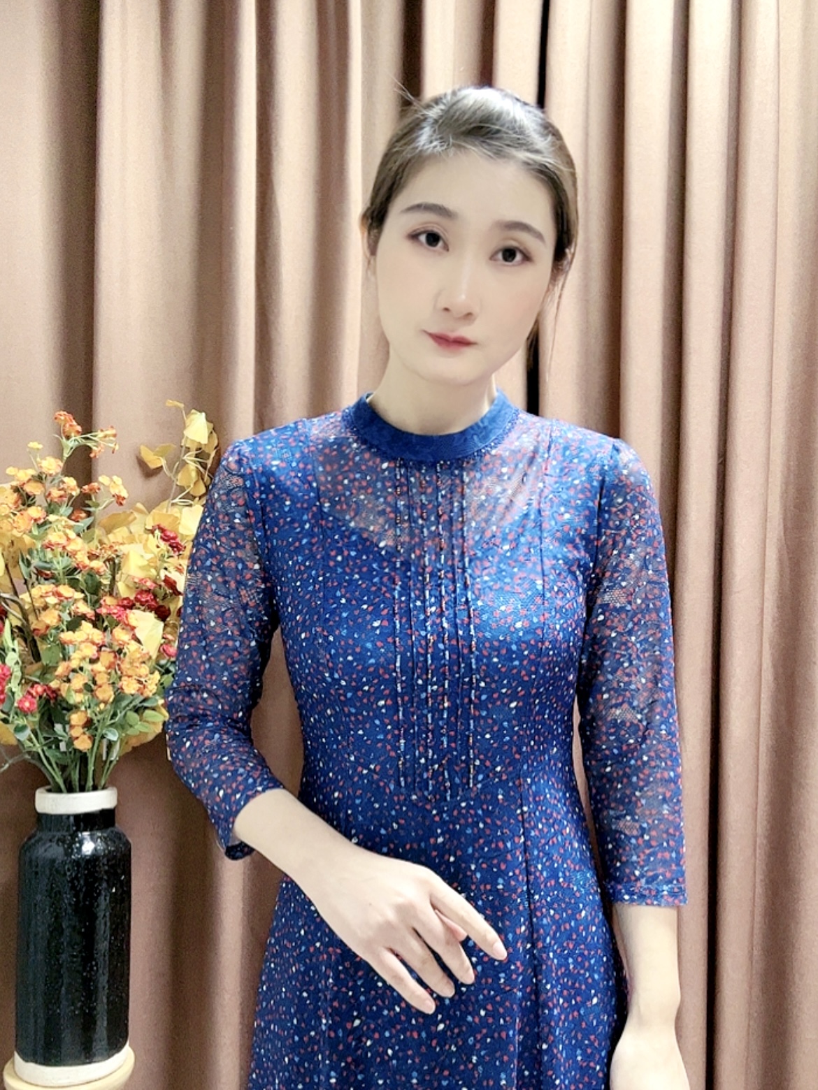 933#女士碎花中老年舒适弹力修身显瘦圆领打底钉珠妈妈装连衣裙