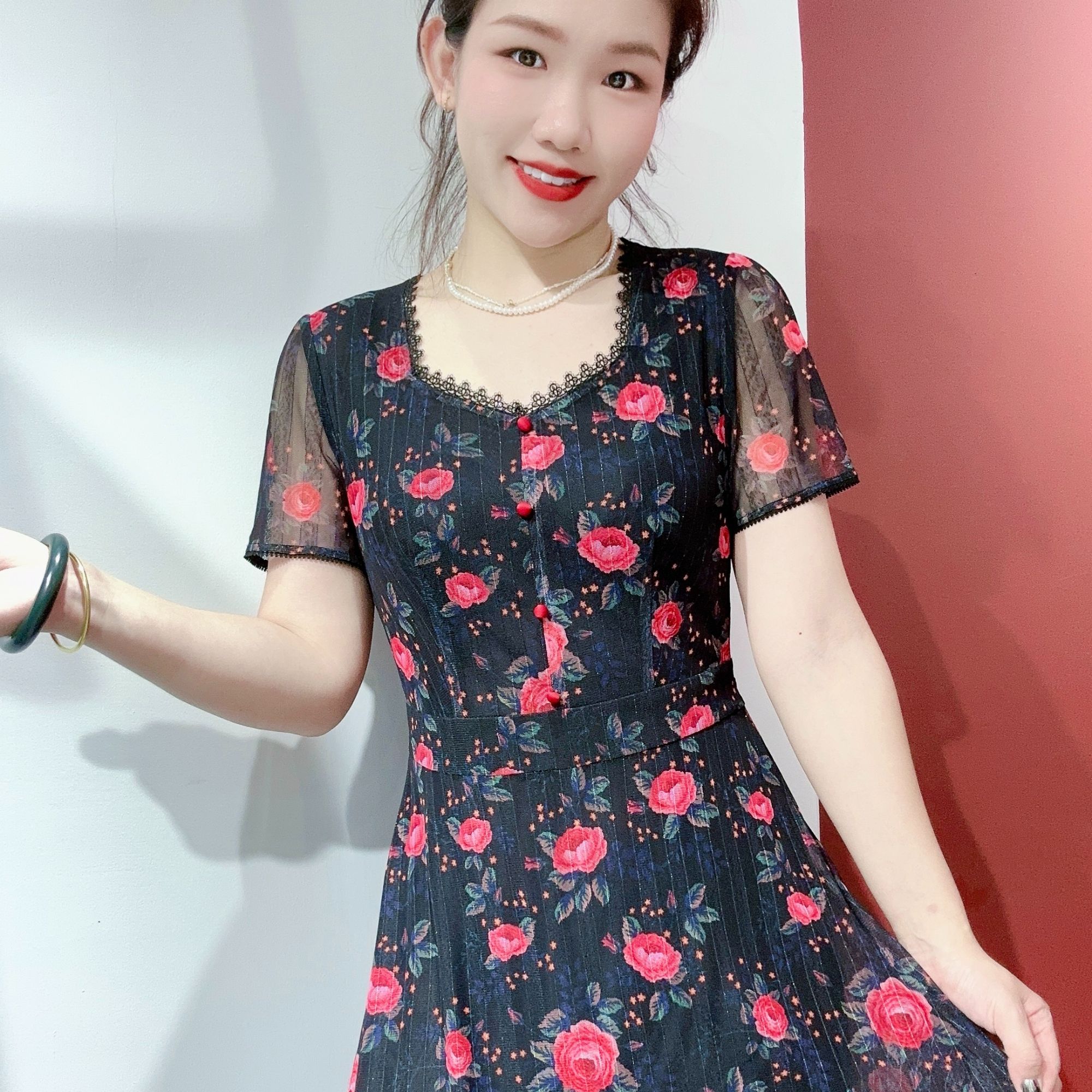 D 1031#优雅气质连衣裙夏季显瘦修身花色印花中长裙时尚妈妈装