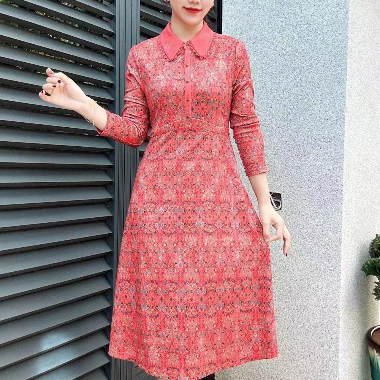 1089#秋季长袖修身碎花显瘦气质时尚妈妈装连衣裙收腰中长裙