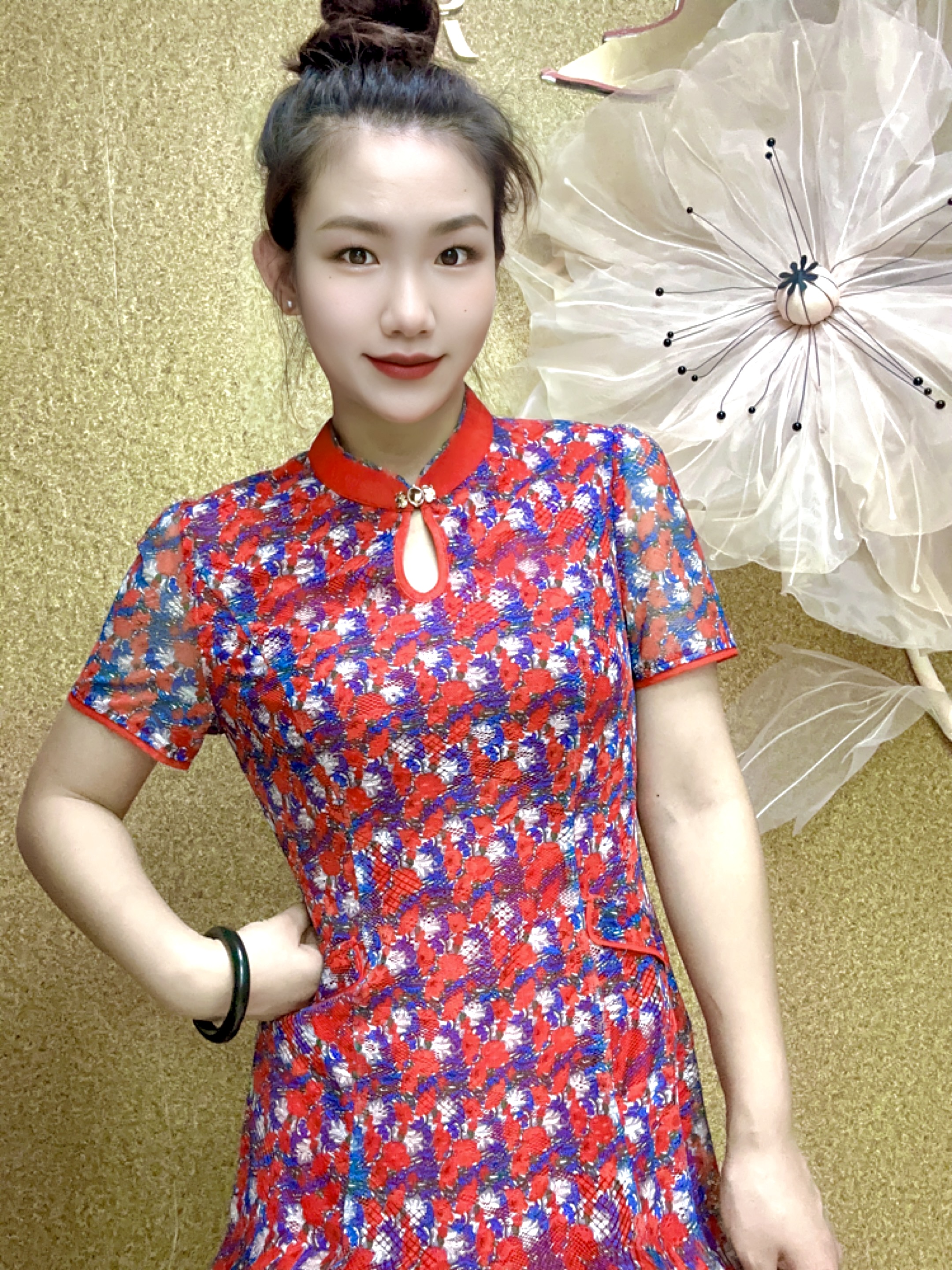 S 1125 夏装妈妈连衣裙红色花色时尚女士民族风休闲夏季连衣裙