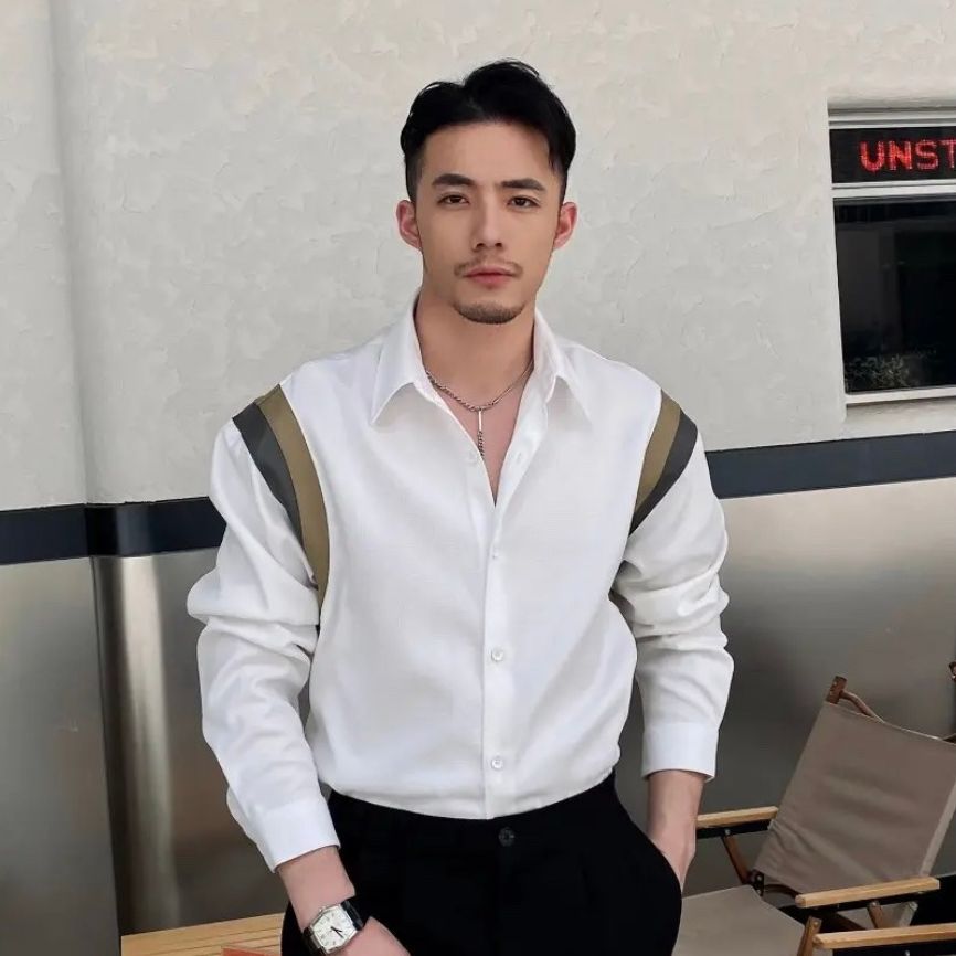 仓石一树高端男装设计感小众拼接撞色黑色衬衫长袖潮宽松痞帅衬衣