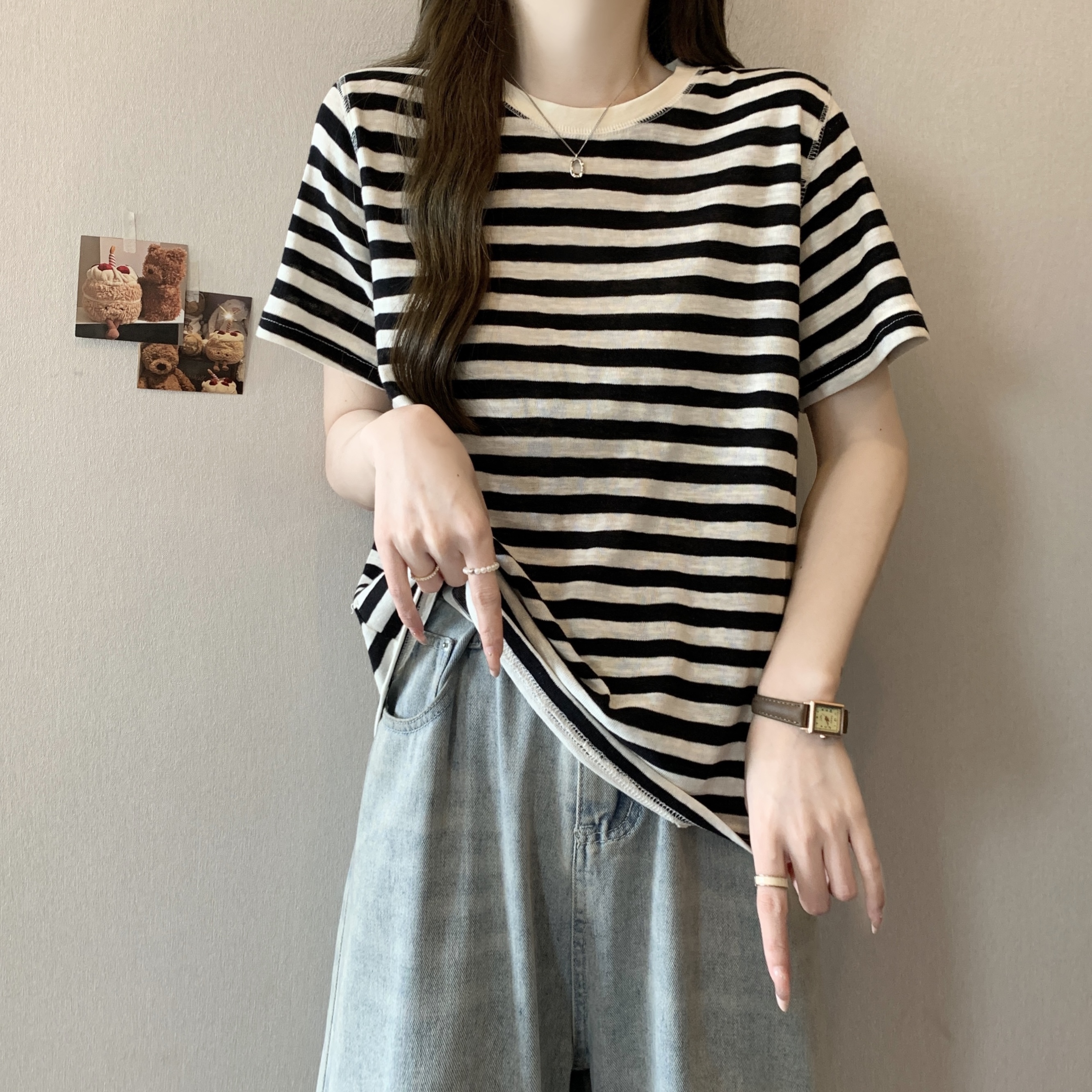 大码正肩条纹短袖T恤女2024夏季新款胖妹妹宽松显瘦时尚百搭上衣