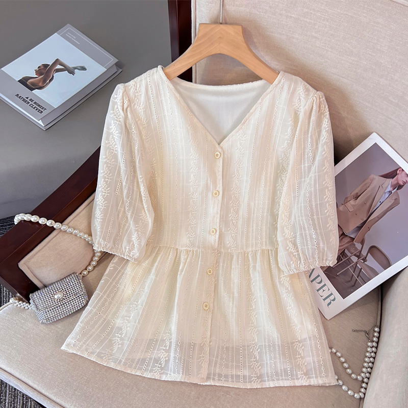 XUDUOMI/许多米春季法式V领上衣长短袖设计感气质收腰遮肚子衬衫