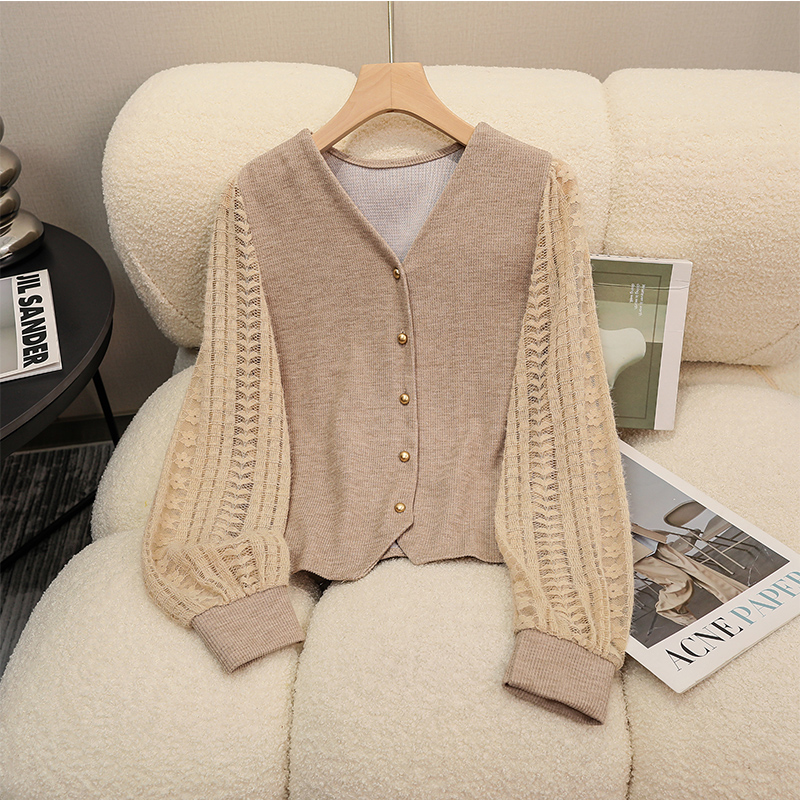 法式2024秋冬季新款时尚小香风V领长袖显瘦拼接衬衫上衣0239