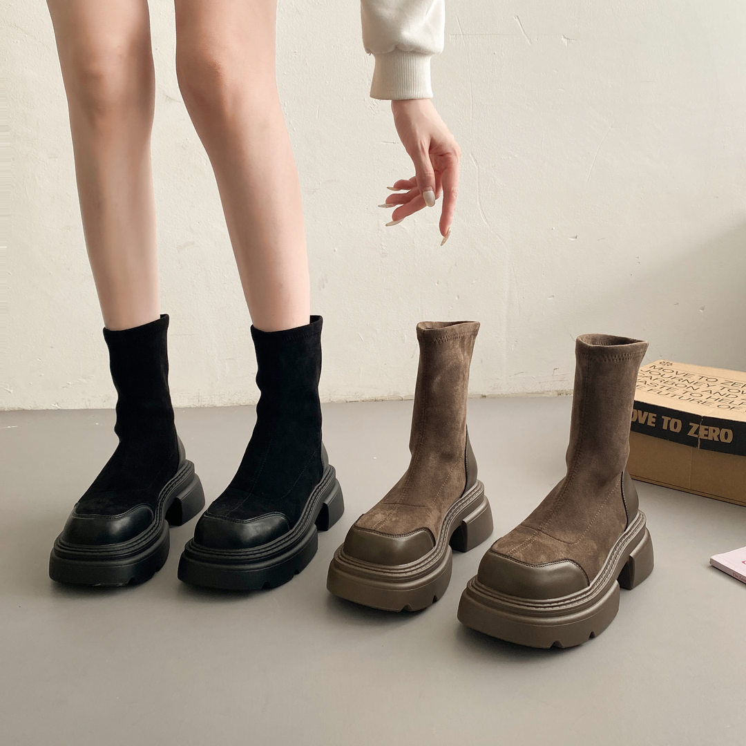 厚底短靴女2023新款秋冬弹力瘦瘦靴复古英伦风马丁靴单网红鞋子潮
