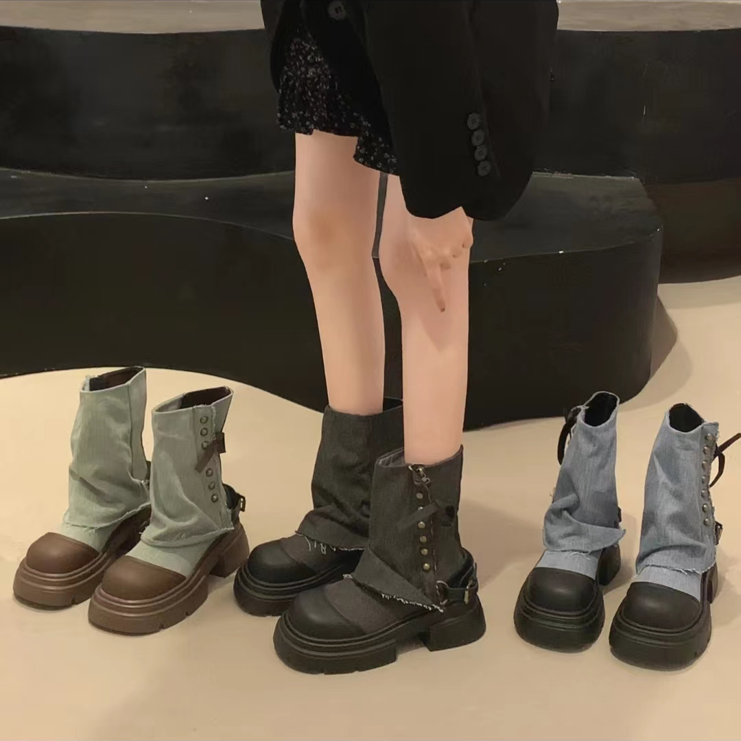 网红爆款马丁靴女秋冬2023中筒英伦厚底内增高甜酷裤管短靴子显瘦