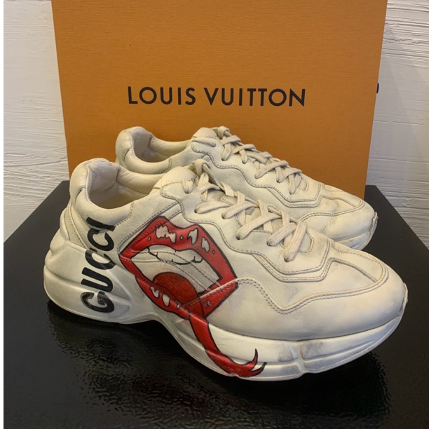 95新 GUCCI/古驰 象牙白色红唇印花做旧经典时尚增高老爹鞋40.5码