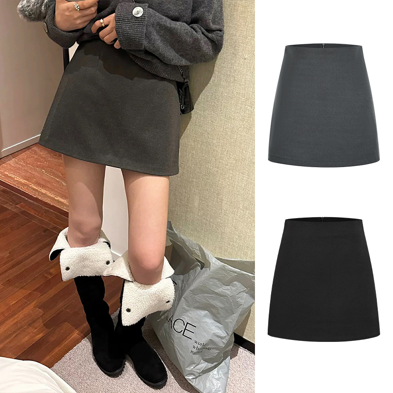 MosesQueen/魔西女王 秋冬呢子裙辣妹黑色高腰短裙显瘦A字包臀裙