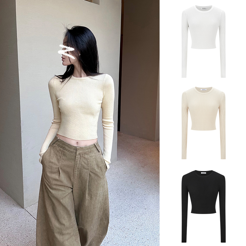 MosesQueen/魔西女王 美式针织短款上衣设计感指洞修身露腰打底衫