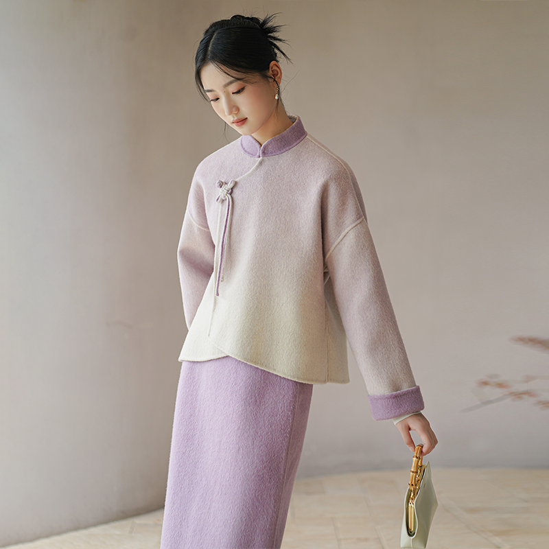 初蝉双面呢外套女冬季新款高端渐变中式半裙国风套装1010-N
