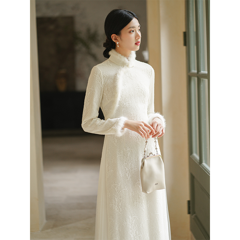 初蝉中国风改良旗袍女24秋冬新款拼纱柔美新中式奥黛连衣裙1390-N