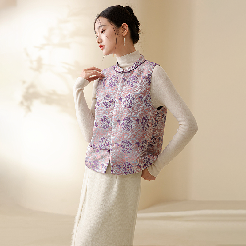初蝉中国风唐装马甲女新款秋冬夹棉外套中式对襟棉服231216-N