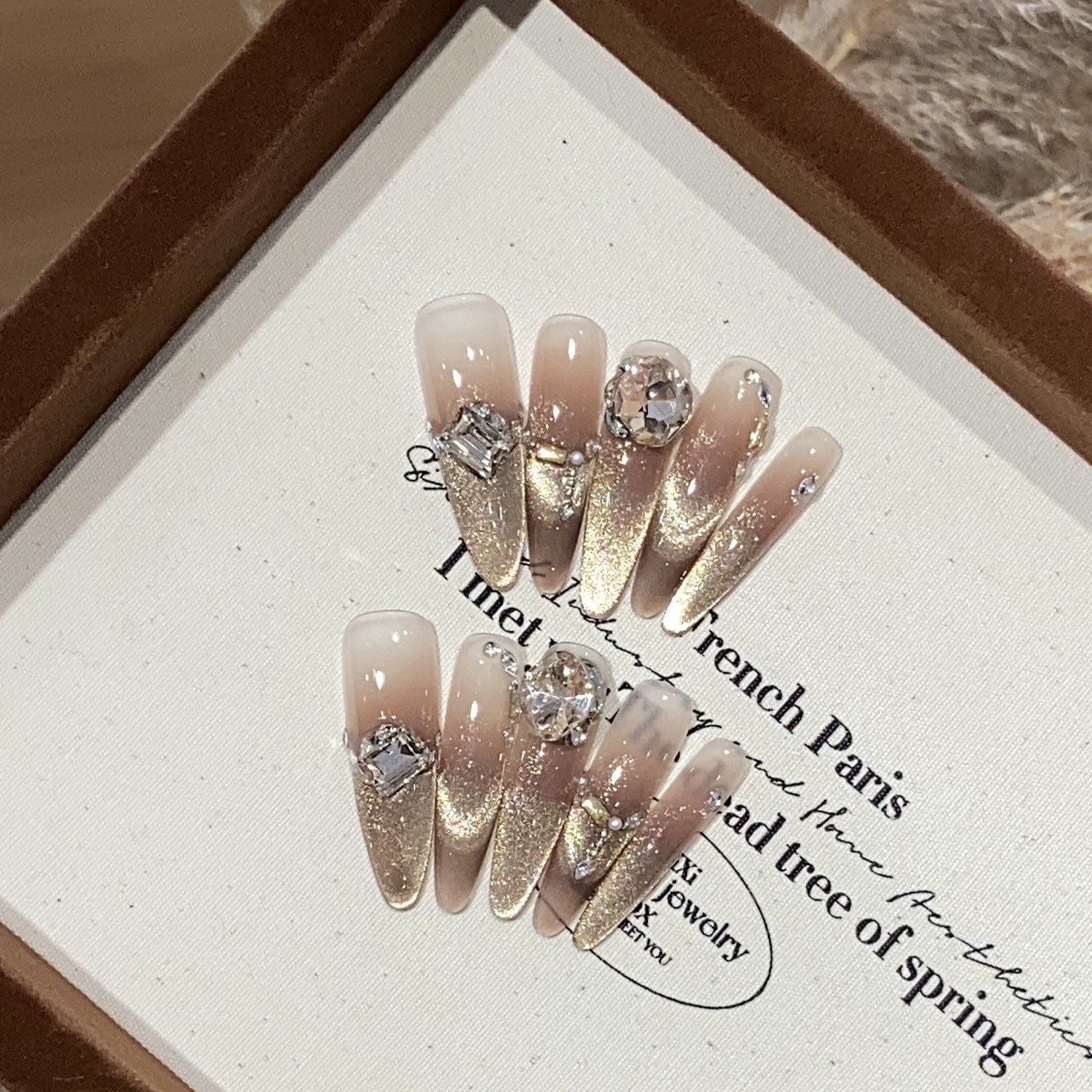 【黄昏】纯手工穿戴甲美甲可拆卸美甲贴片金色爆闪法式猫眼珍珠