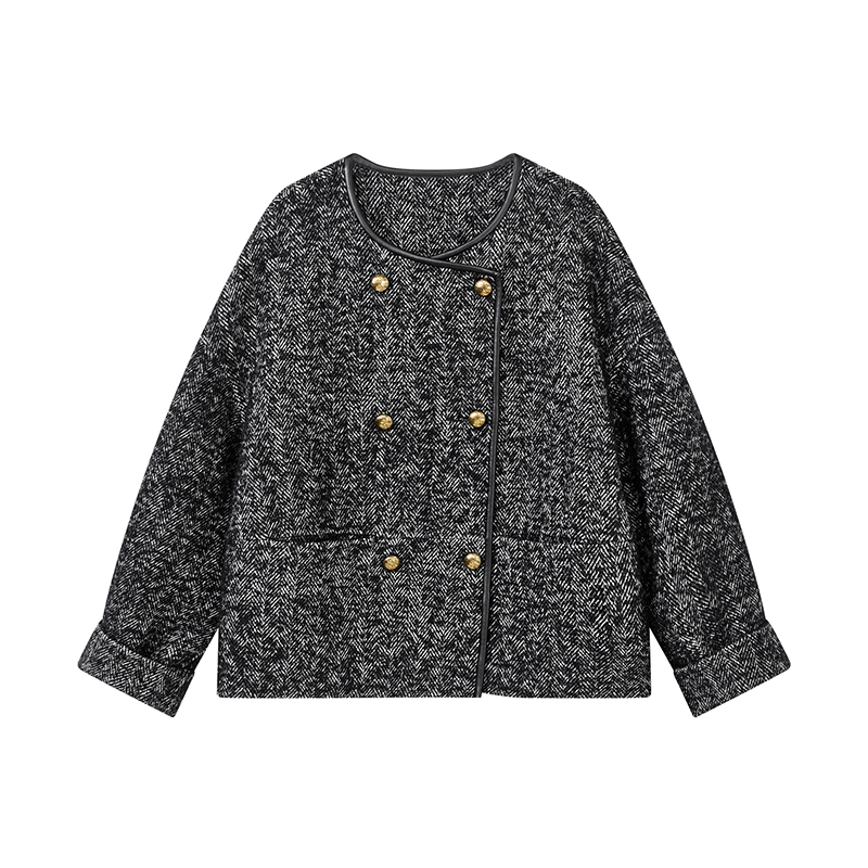 【诗语推荐】小香风绵羊毛短外套人字纹双排扣呢大衣D09ADN9612