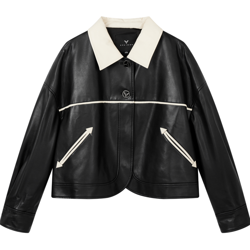 【诗语推荐】撞色拼接外套翻领简约设计感夹克皮衣X09AWS8686