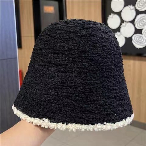 韩版毛绒绒针织帽女秋冬款时尚百搭水桶帽日系甜美撞色边休闲盆帽