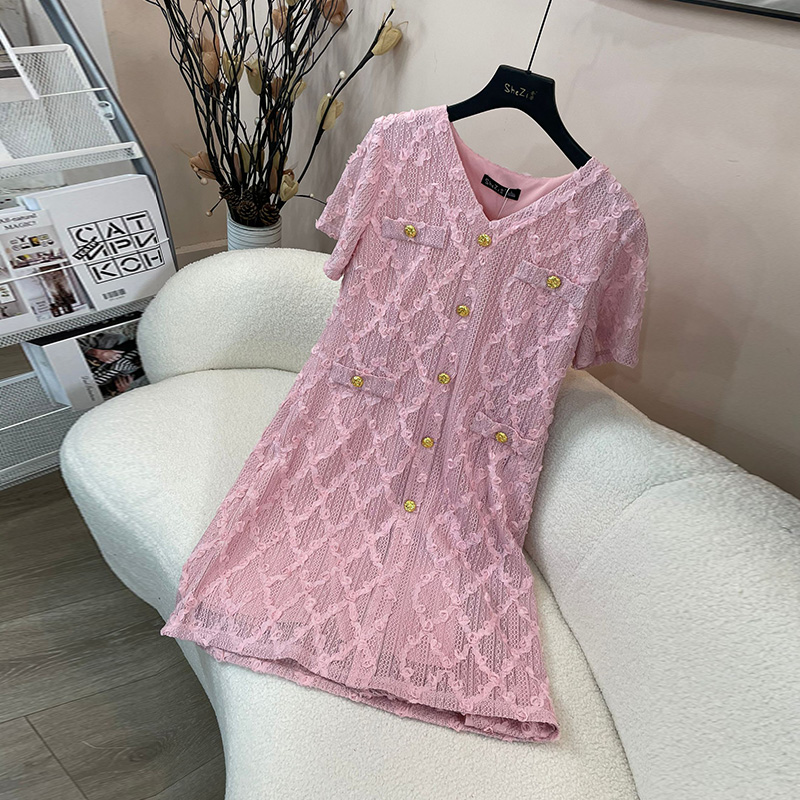 奢姿大码女装2024夏季气质V领连衣裙胖妹妹假口袋小香风时尚裙子