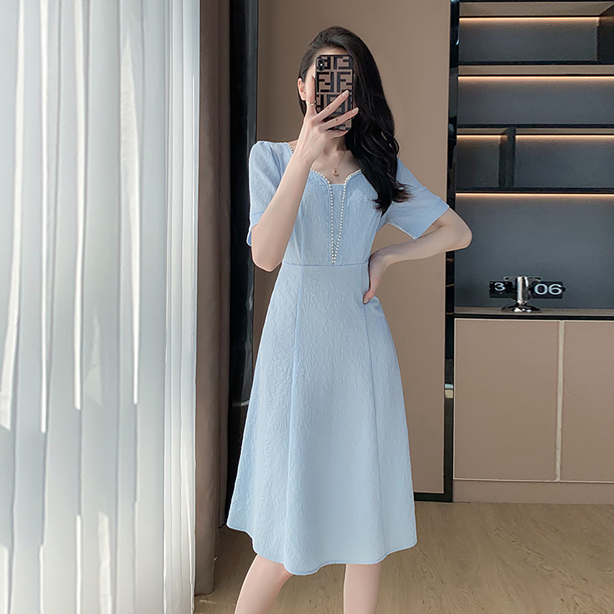 9932852682【适合90-200斤】胖妹妹方领时尚提花连衣裙