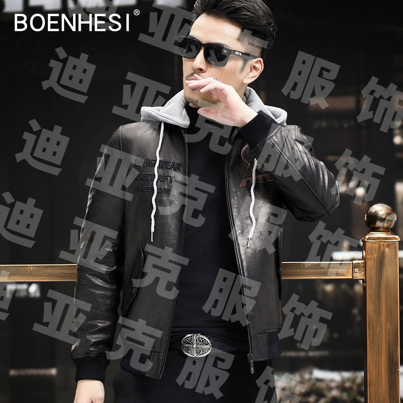 脱卸羽绒内胆脱卸帽真皮皮衣油蜡绵羊皮棒球服绣花夹克冬装