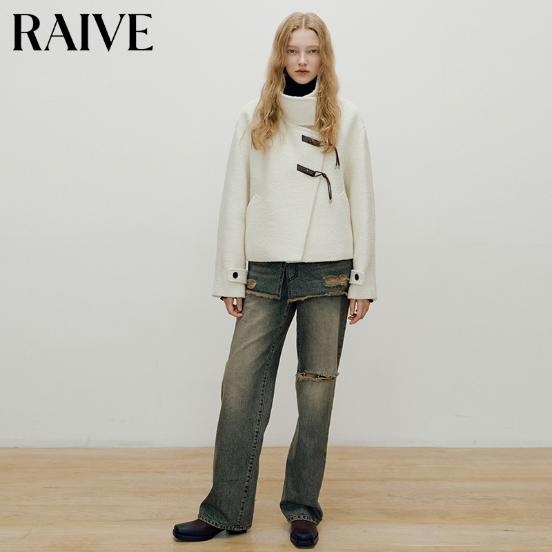 【RAIVE】2025秋冬新款绵羊毛牛角扣大衣茧形立领宽松复古毛呢外套