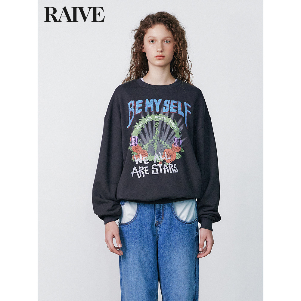 【RAIVE】2025秋冬灰格雷印花韩系宽松上衣灰内啡肽圆领卫衣
