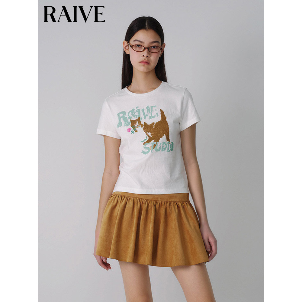 【RAIVE】夏季新款logo印花萌宠猫咪白色纯棉短袖T恤时尚女款