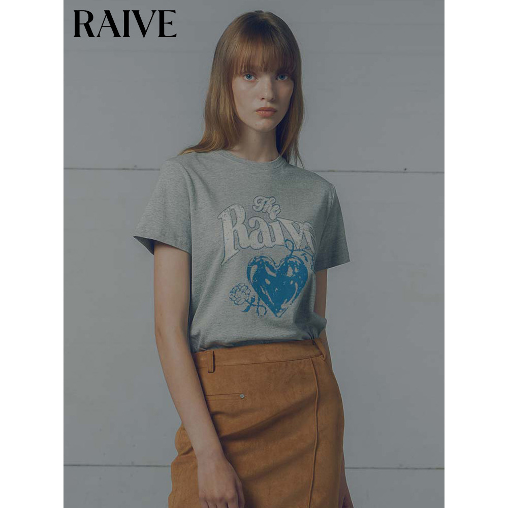 【RAIVE】2025春夏新款女上衣叠搭logo爱心印花灰色红色圆领短袖
