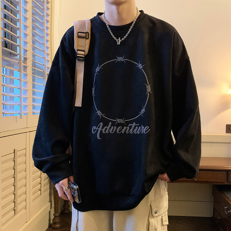 美式重磅长袖t恤男士秋季潮牌宽松上衣服打底衫春秋休闲印花卫衣