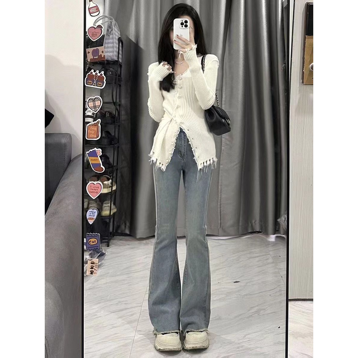 秋季纯欲辣妹白色流苏针织开衫别致上衣女设计感小众牛仔裤两件套