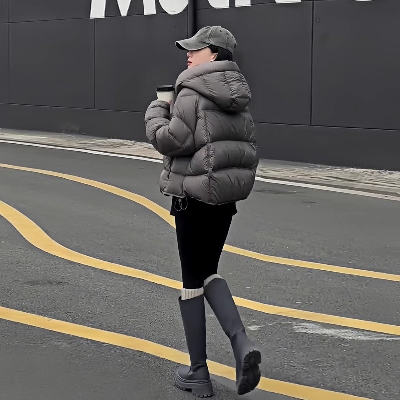 泡芙龟背灰色短款羽绒服女2024冬季新款白鸭绒连帽面包服外套