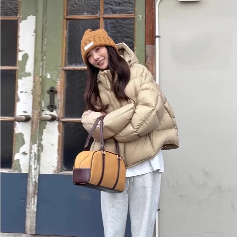 泡芙龟背奶茶色短款羽绒服女2025冬季新款90白鸭绒连帽面包服外套