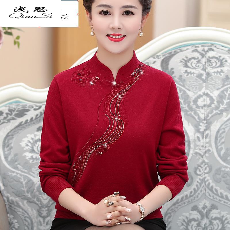 妈妈春秋打底羊毛衫中年女装红色旗袍领上衣中老年人女礼服婚宴装