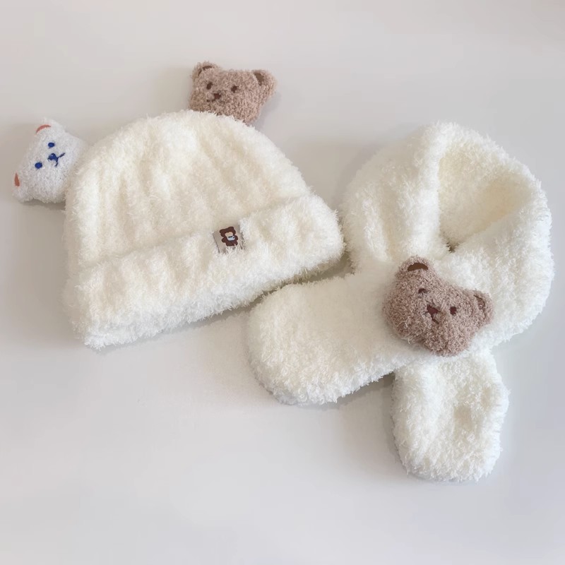 小熊毛绒婴儿帽子秋冬季宝宝帽围巾一体两件套儿童保暖护耳帽超萌