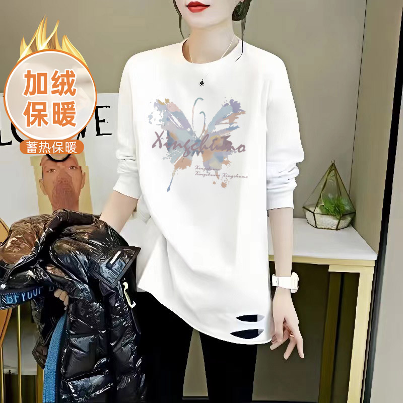 白色加绒加厚打底衫女卫衣内搭2025新款爆款纯棉中长款长袖t恤女