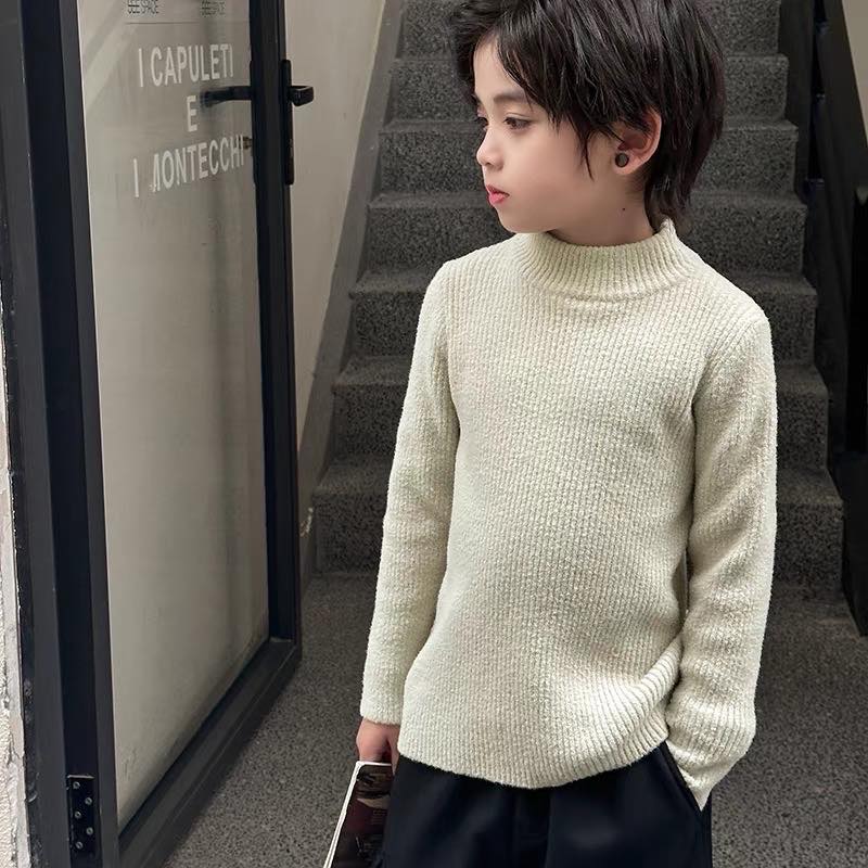冬季加厚弹力韩国绒一体绒儿童百搭宽松加绒韩版秋冬纯色圆领毛衣