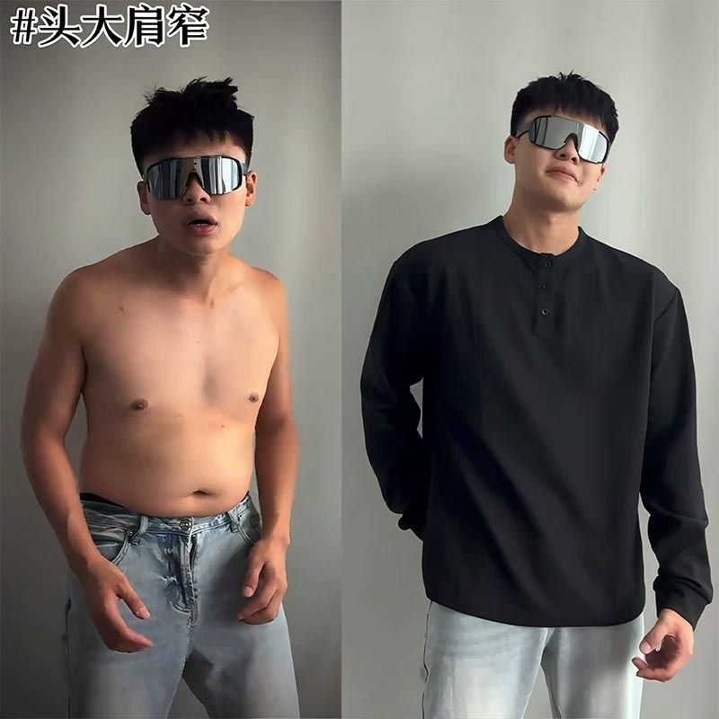 cleanfit黑色亨利领长袖t恤男款春秋卫衣正肩美式复古内搭打底衫