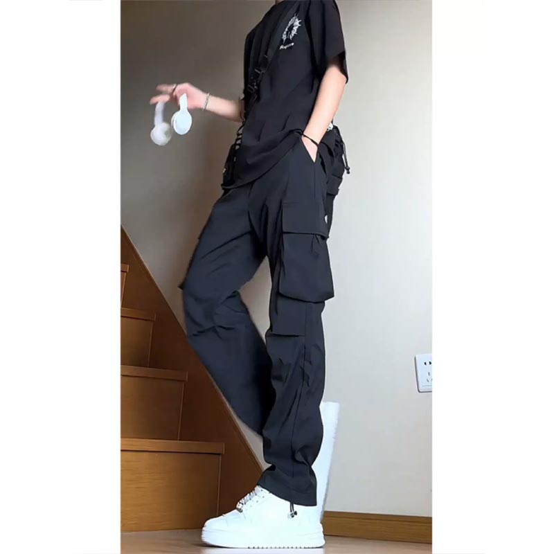 黑色冰丝速干褶皱机能冲锋裤男美式高街防水直筒工装裤子夏季薄款