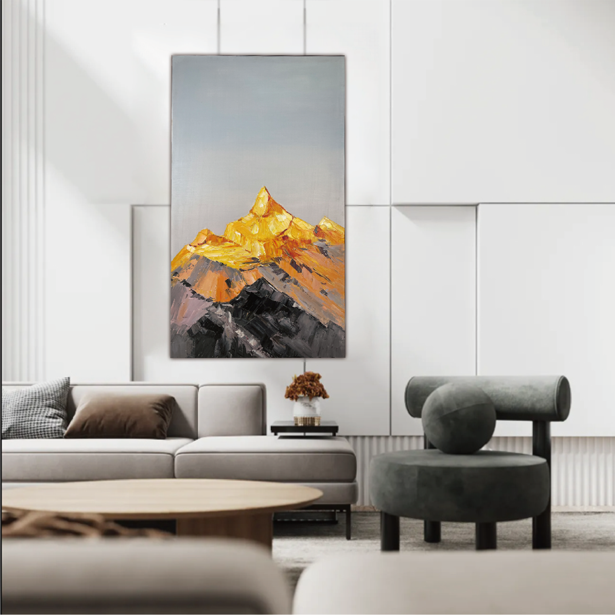 油画手绘《日照金山》现代北欧餐厅挂画玄关客厅背景墙装饰画家装