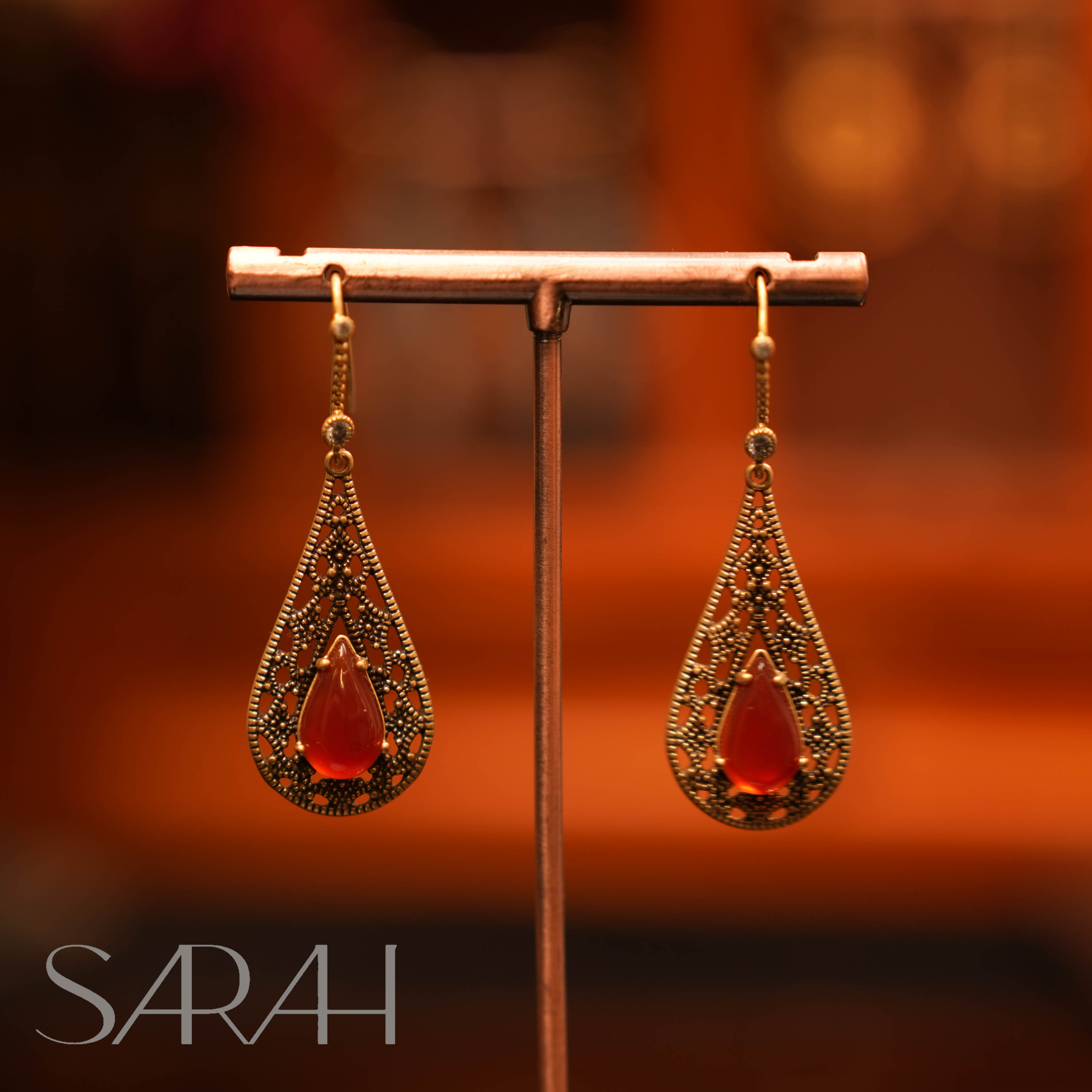 铜合金琉璃耳饰 DearLisa.精工系列 复古红色琉璃水滴吊坠 耳钩 