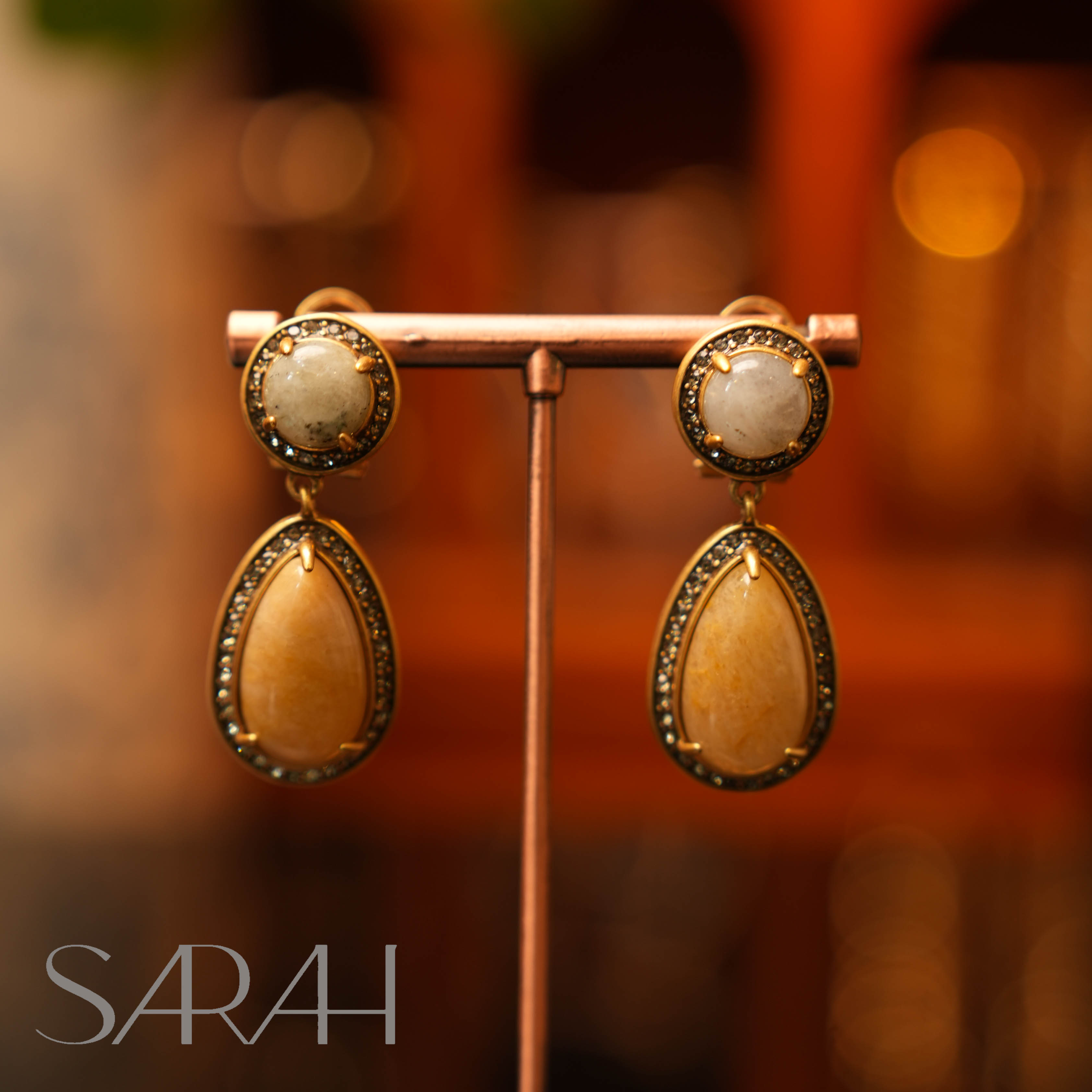 铜合金合成锆石耳饰 DearLisa.精工系列 双色水滴石头925银针耳钉