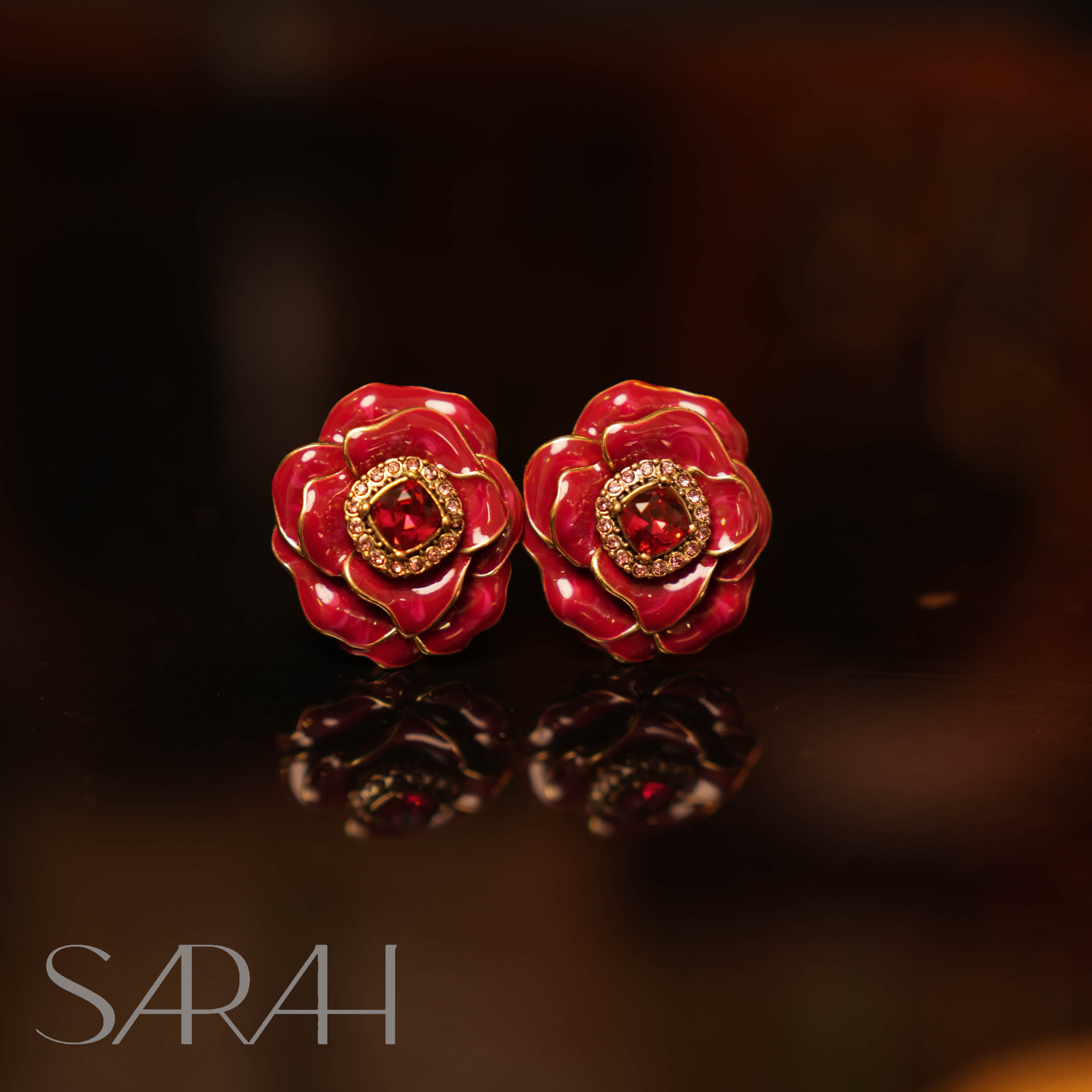 铜合金合成锆石耳饰 DearLisa.精工系列 红色花朵 925银针 耳钉