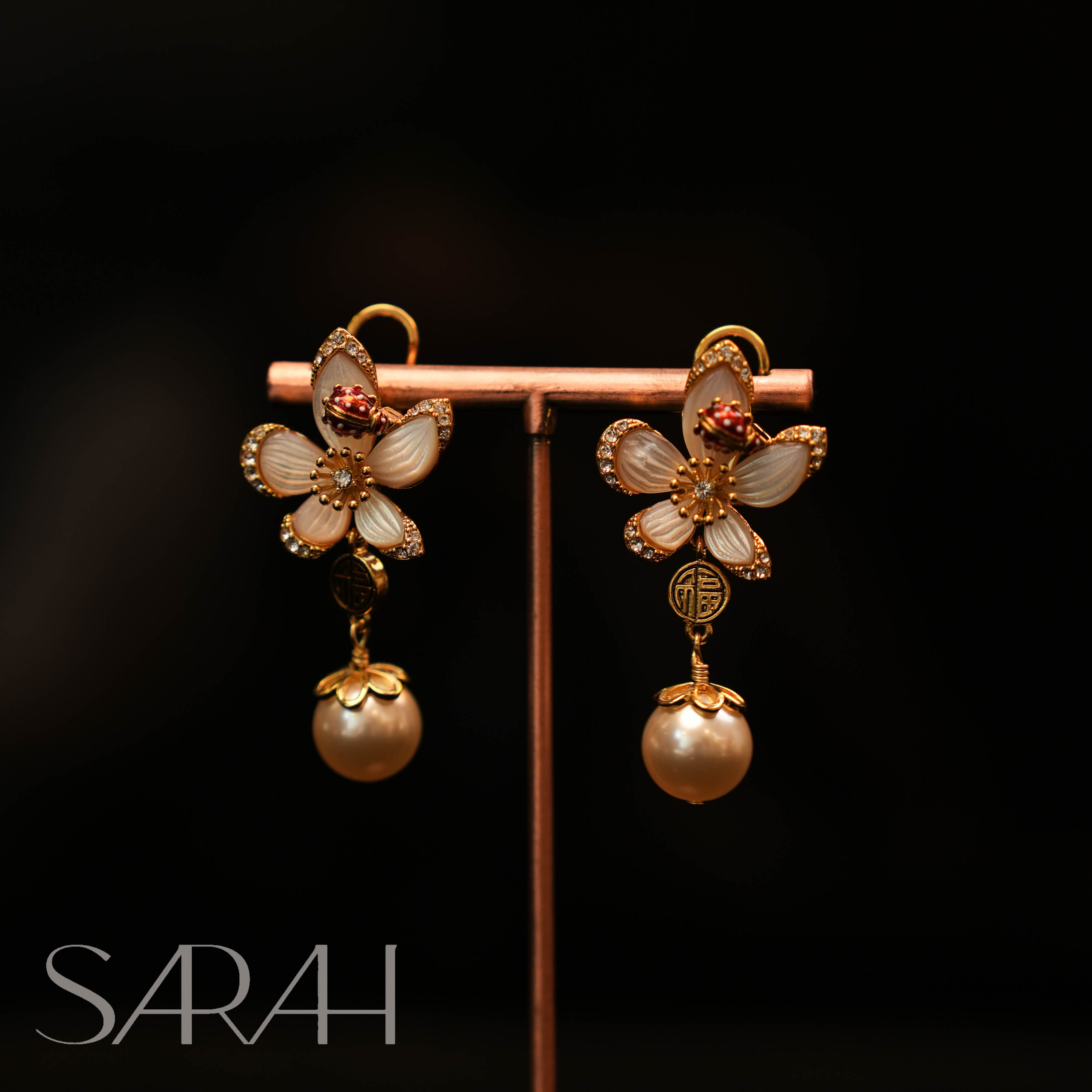 铜合金合成锆石耳饰 DearLisa.精工系列 福字花花流苏925银针耳钉