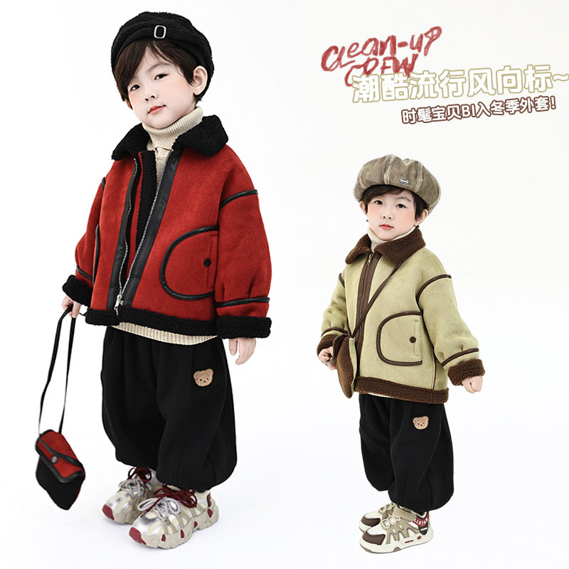 热【萌吉喵】儿童冬装外套皮毛一体加绒加厚男童洋气保暖上衣88051