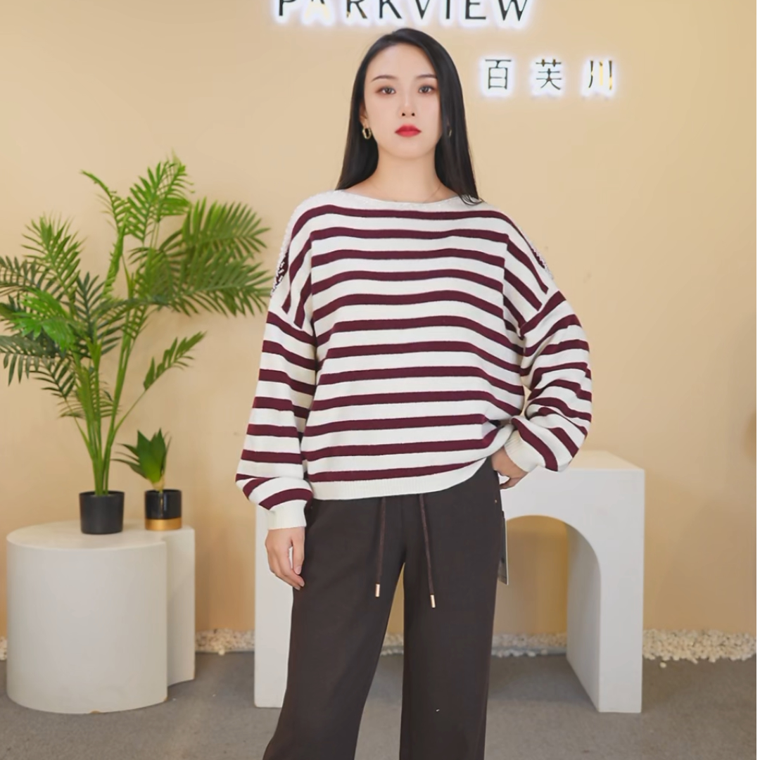 PARKVIEW/百芙川针织衫时尚休闲百搭宽松条纹圆领套头AW5032-1