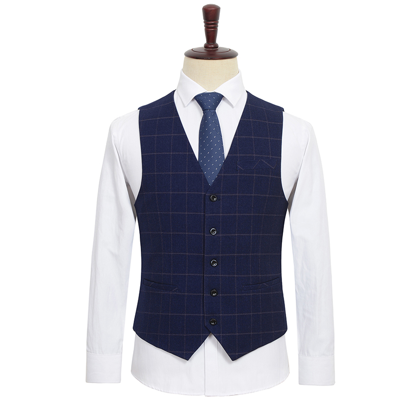 马甲男胖子宽松大码加肥加大商务蓝色格子西服马夹伴郎婚礼三件套