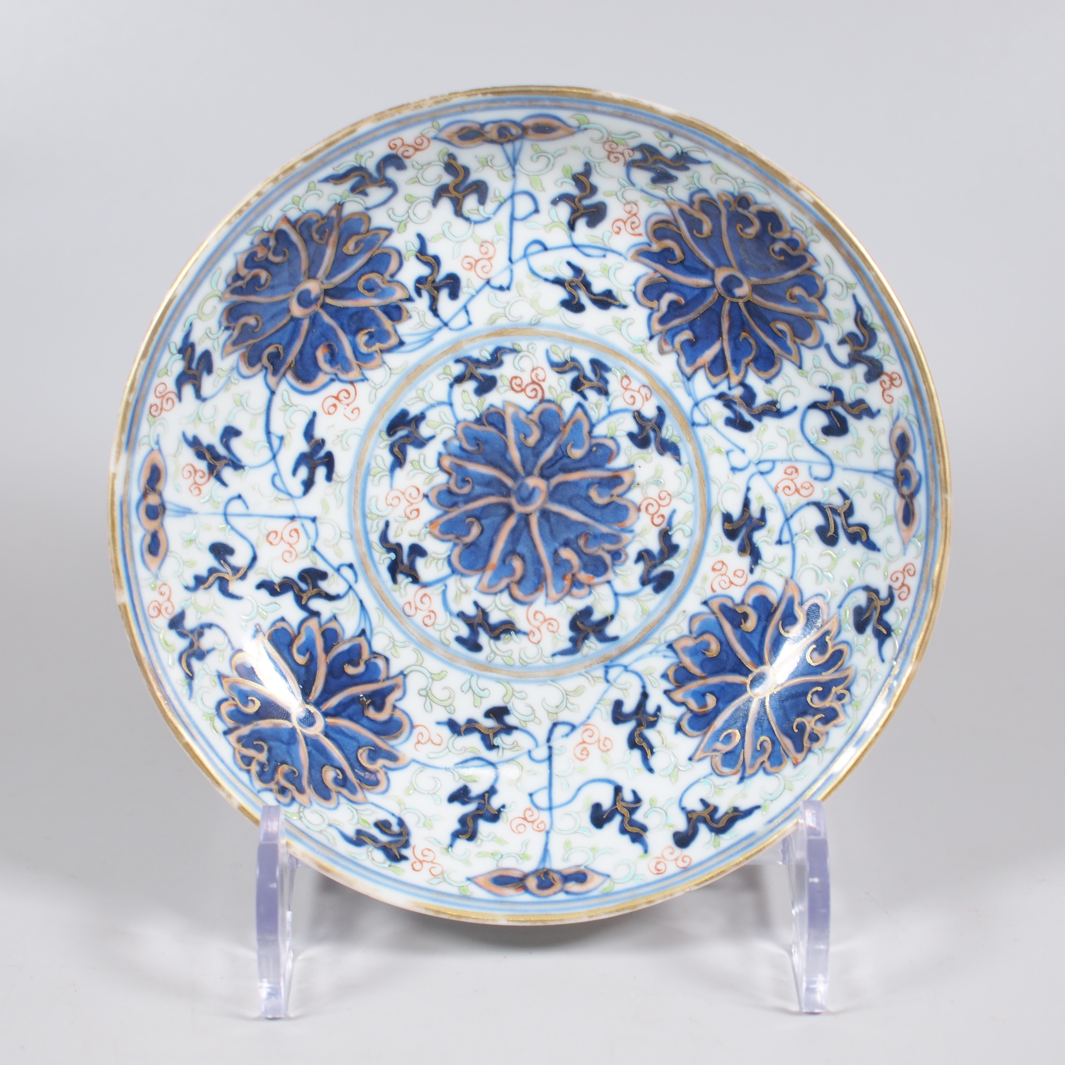 清光绪.青花加彩缠枝莲纹盘【古董拍卖】